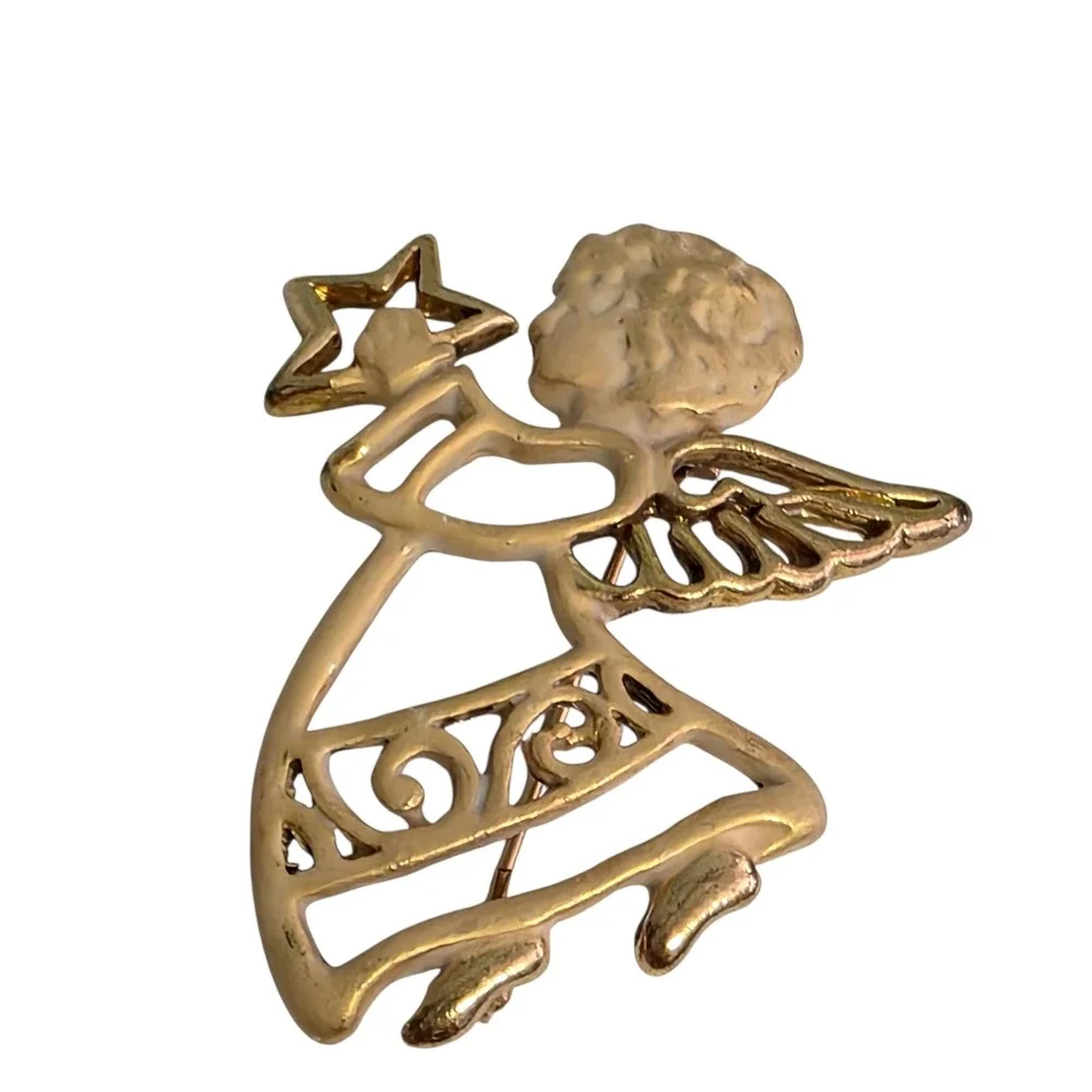 Vintage Gold Tone Angel Holding‎ Star Brooch Pin Celestial Cherub Jewelry
